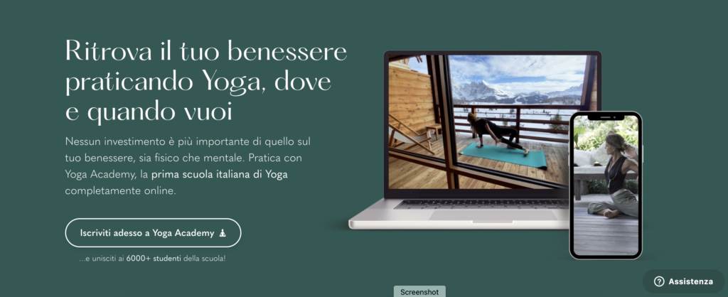 esempio di landing page di successo, yoga academy
