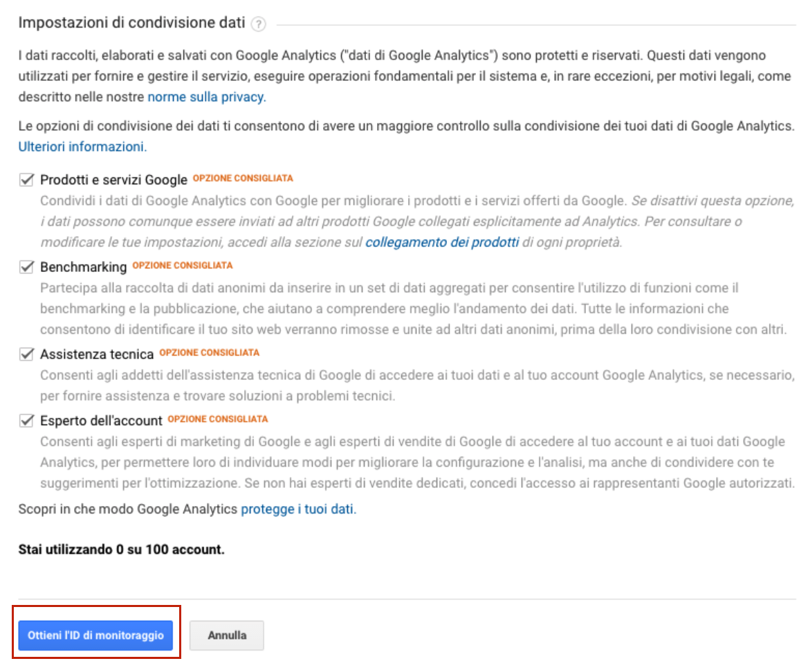 condivisione dati su google analytics
