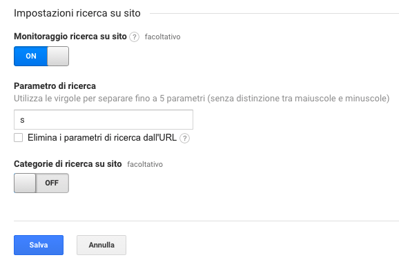 impostazioni ricerca su sito