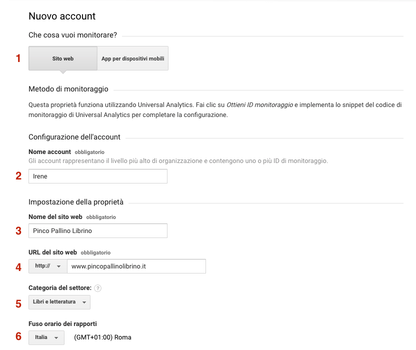 nuovo account google analytics