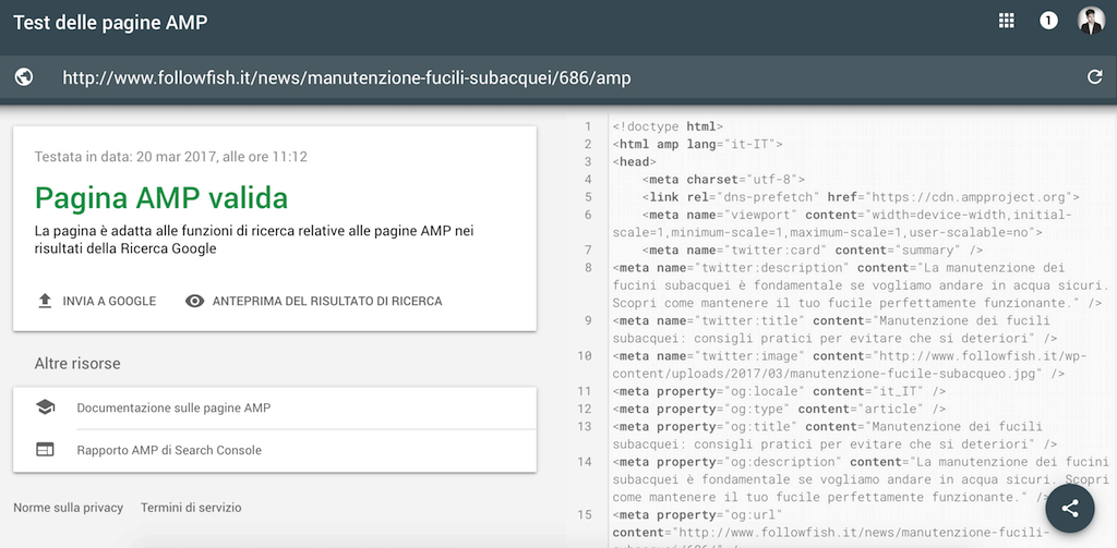 Test delle pagine AMP