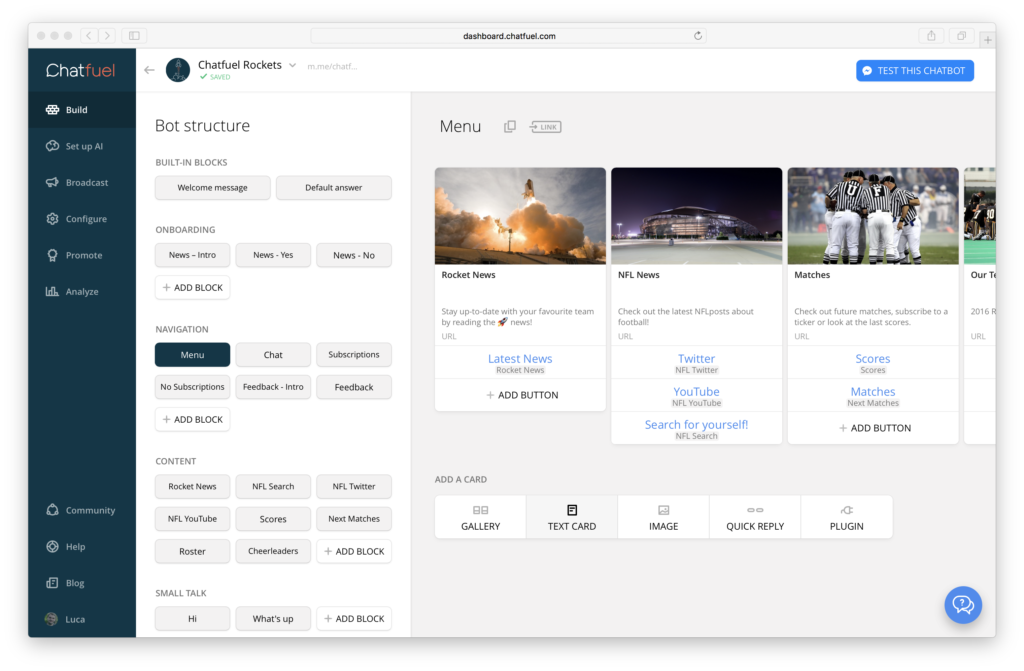 schermata bot chatfuel