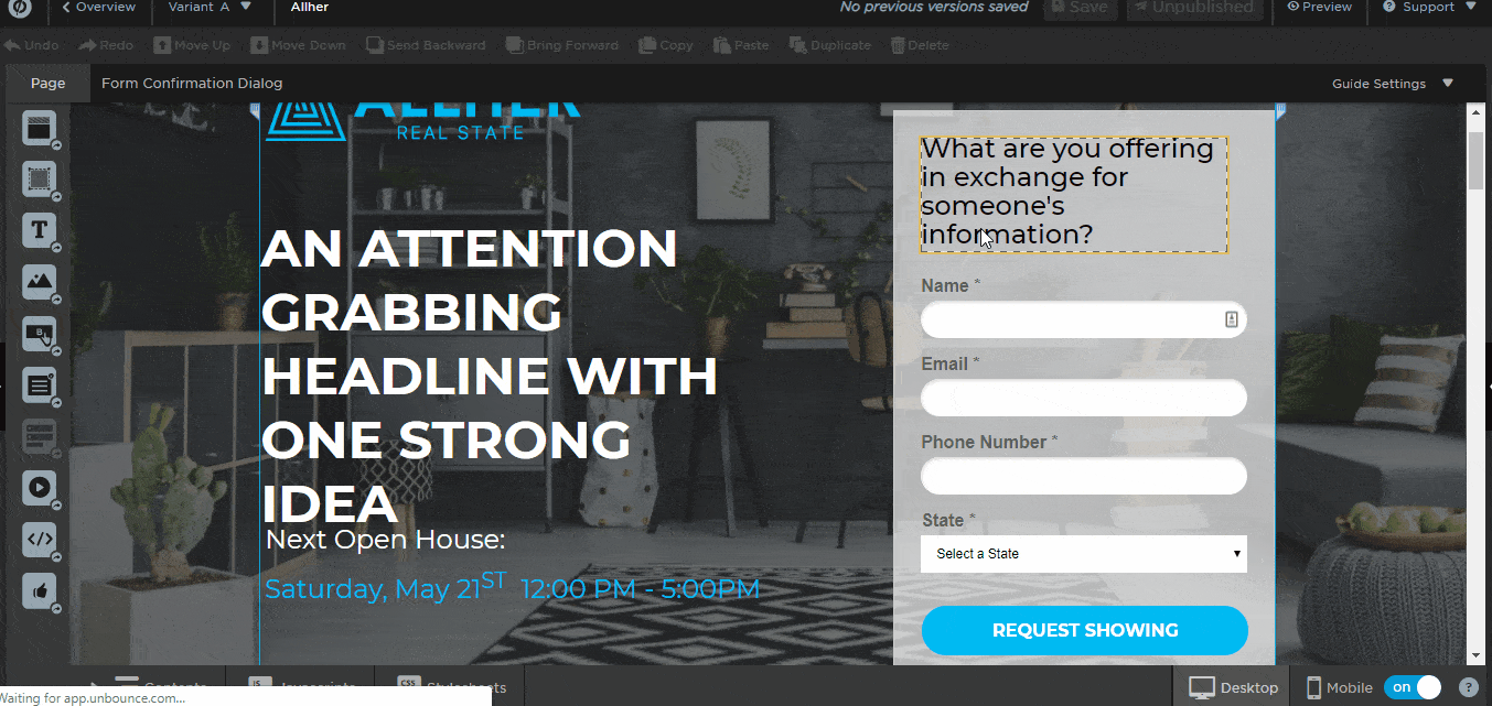 Modificare e spostare elementi nell'editor unbounce è veloce e intuitivo