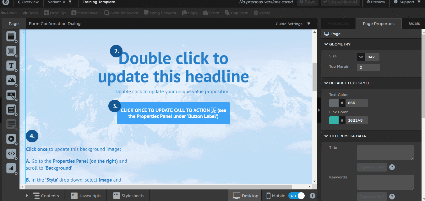 Per guardare il codice sorgente nell'editor unbounce basta un click