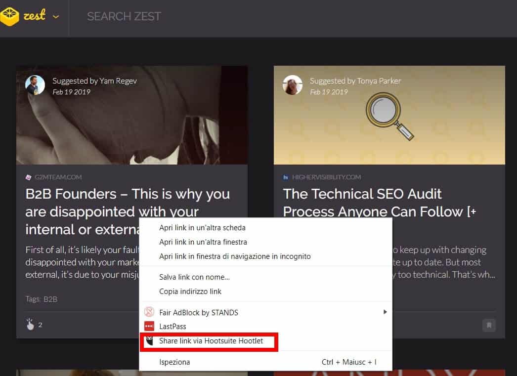 Hootsuite hootlet permette di condividere articoli da ovunque