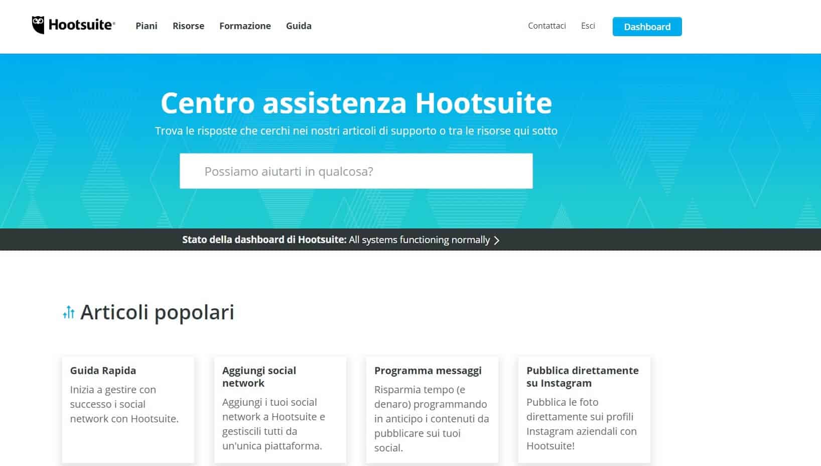 la homepage dell'assistenza di hootsuite