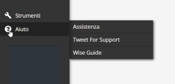 Dal menu di aiuto possiamo chiedere supporto in varie modalità