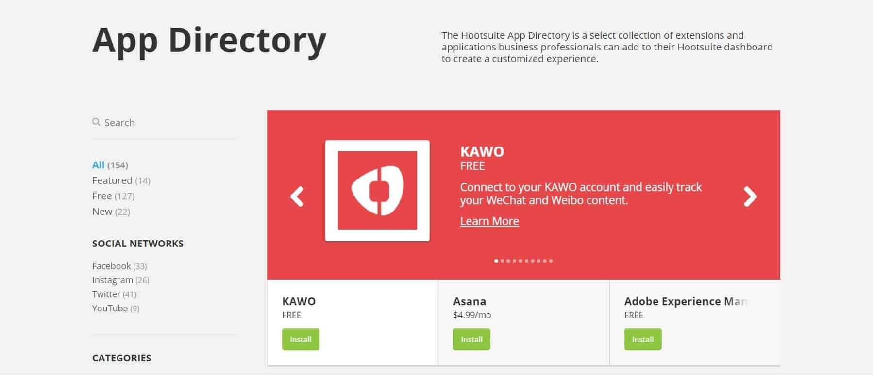 Screen della directory delle integrazioni hootsuite