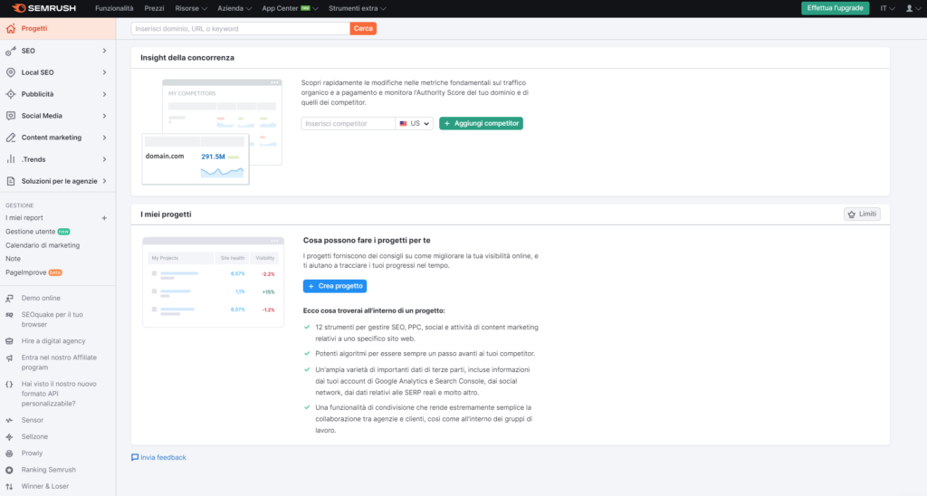 Recensione Semrush - crea progetto