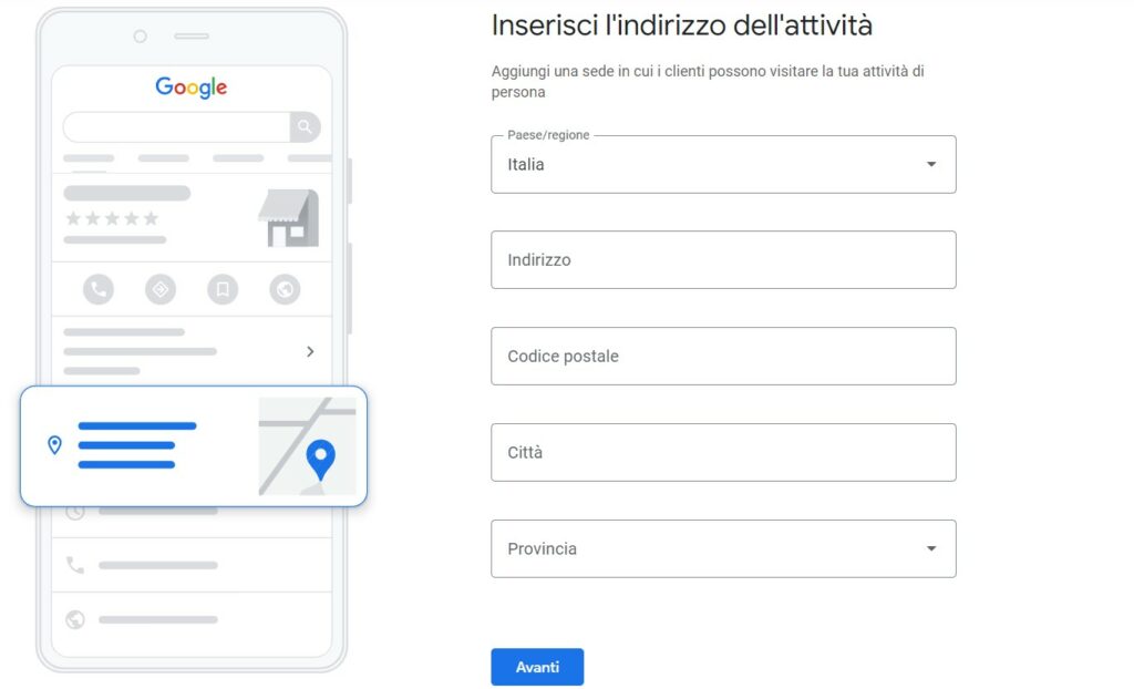 inserisci indirizzo attività