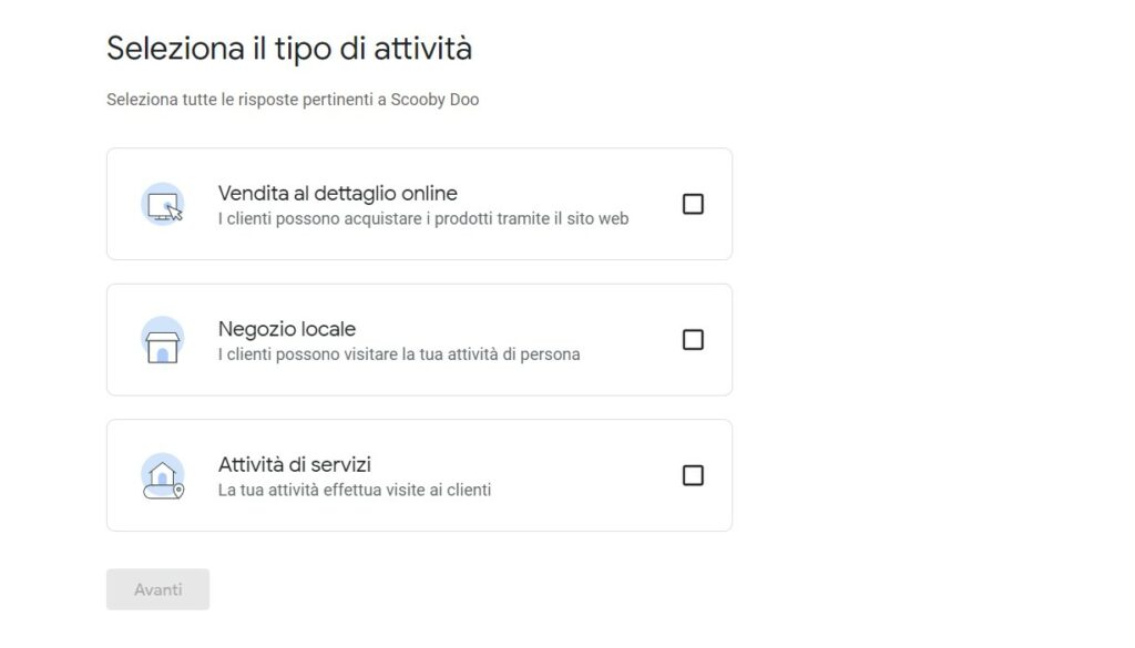 tipo attività google business profile