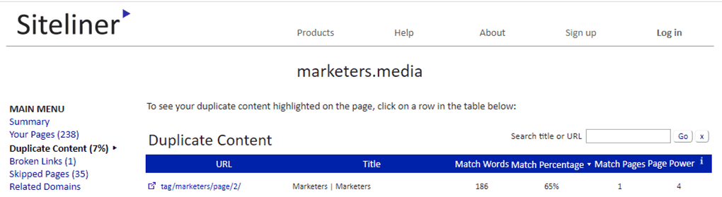 analisi contenuti duplicati siteliner