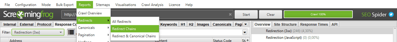 individuare catene di redirect screming frog