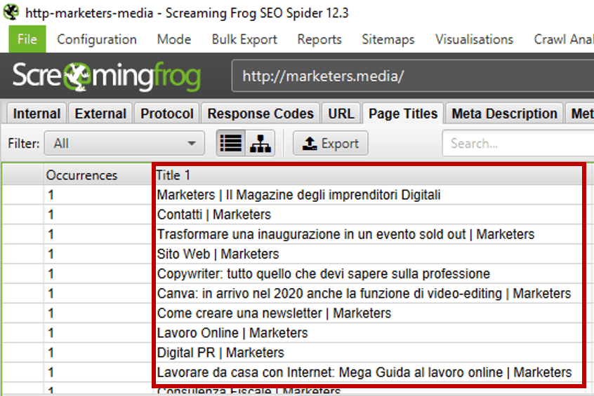 titoli di pagina screaming frog