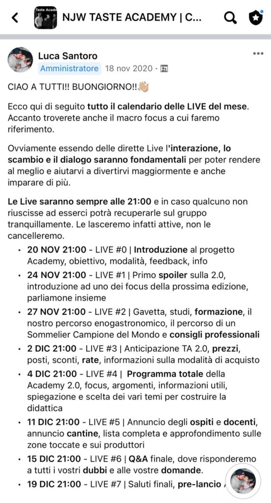 Post Luca Santoro gruppo Facebook Taste Academy