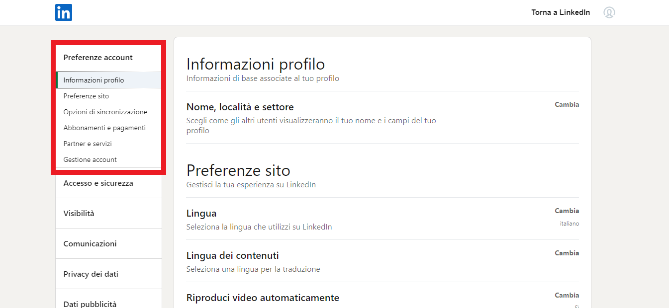 preferenze account LinkedIn preferenze account LinkedIn