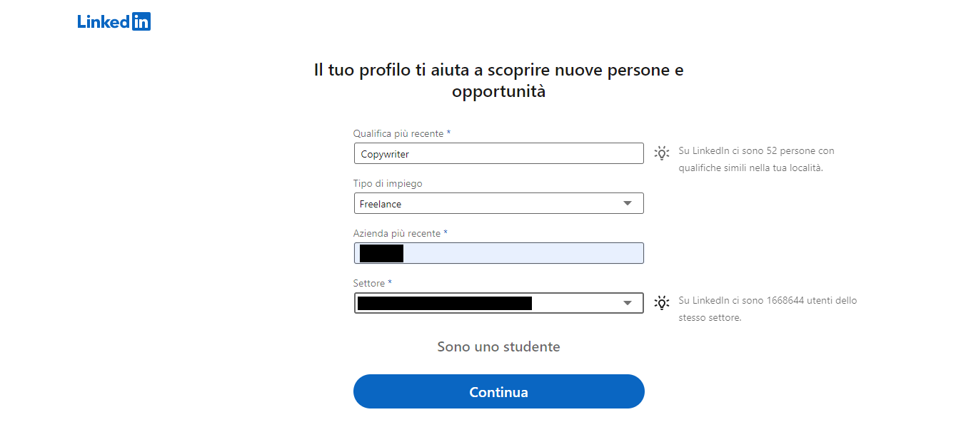 informazioni nella registrazione LinkedIn informazioni nella registrazione LinkedIn