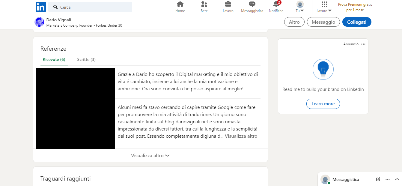 esempio di referenza su LinkedIn esempio di referenza su LinkedIn