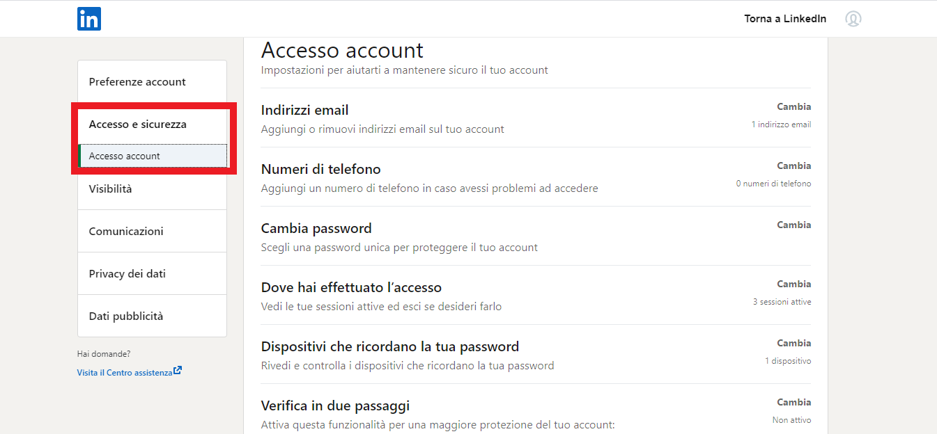 accesso e sicurezza account accesso e sicurezza account