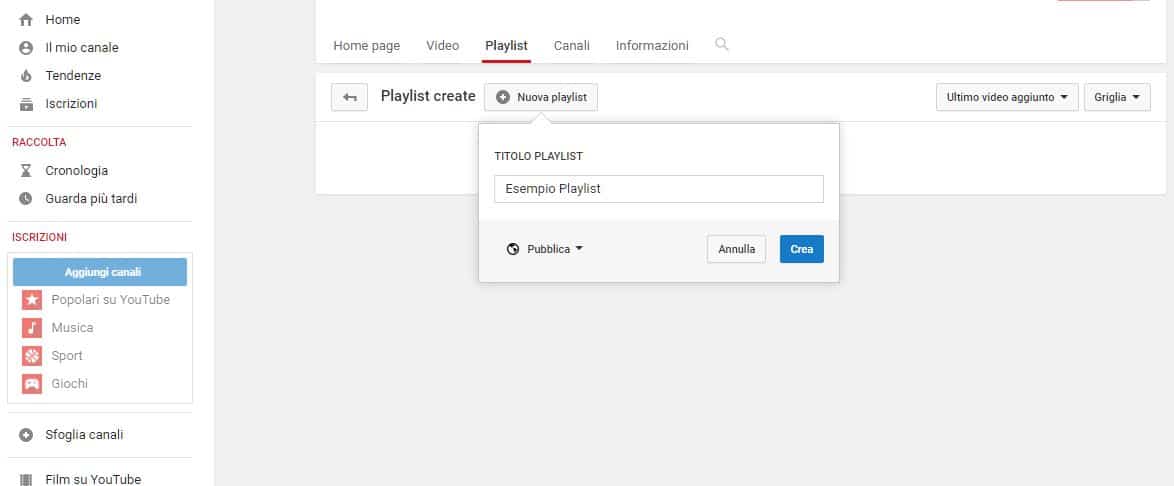 crea nuova playlist su youtube