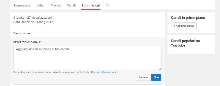 descrizione canale youtube