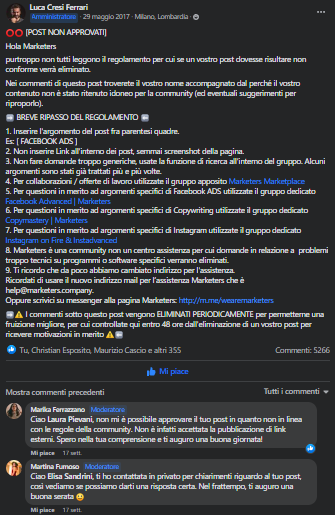 Il post in community che usiamo per ribadire il regolamento del gruppo