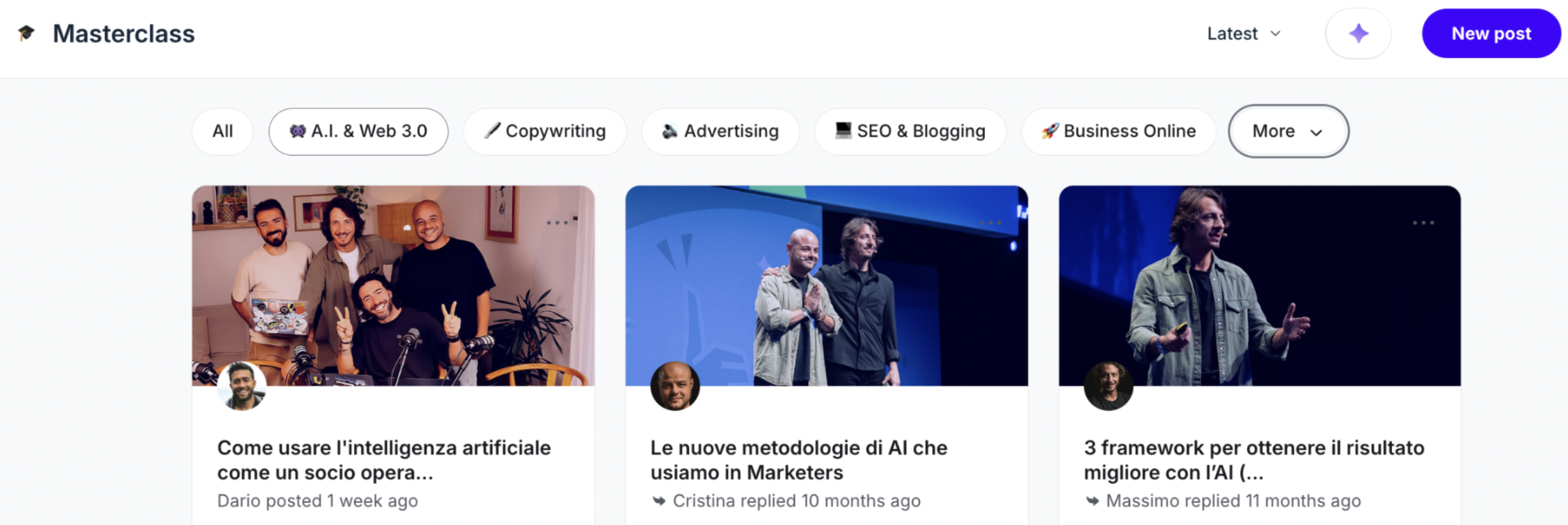 Screenshot community Marketers Pro — prompt e strumenti